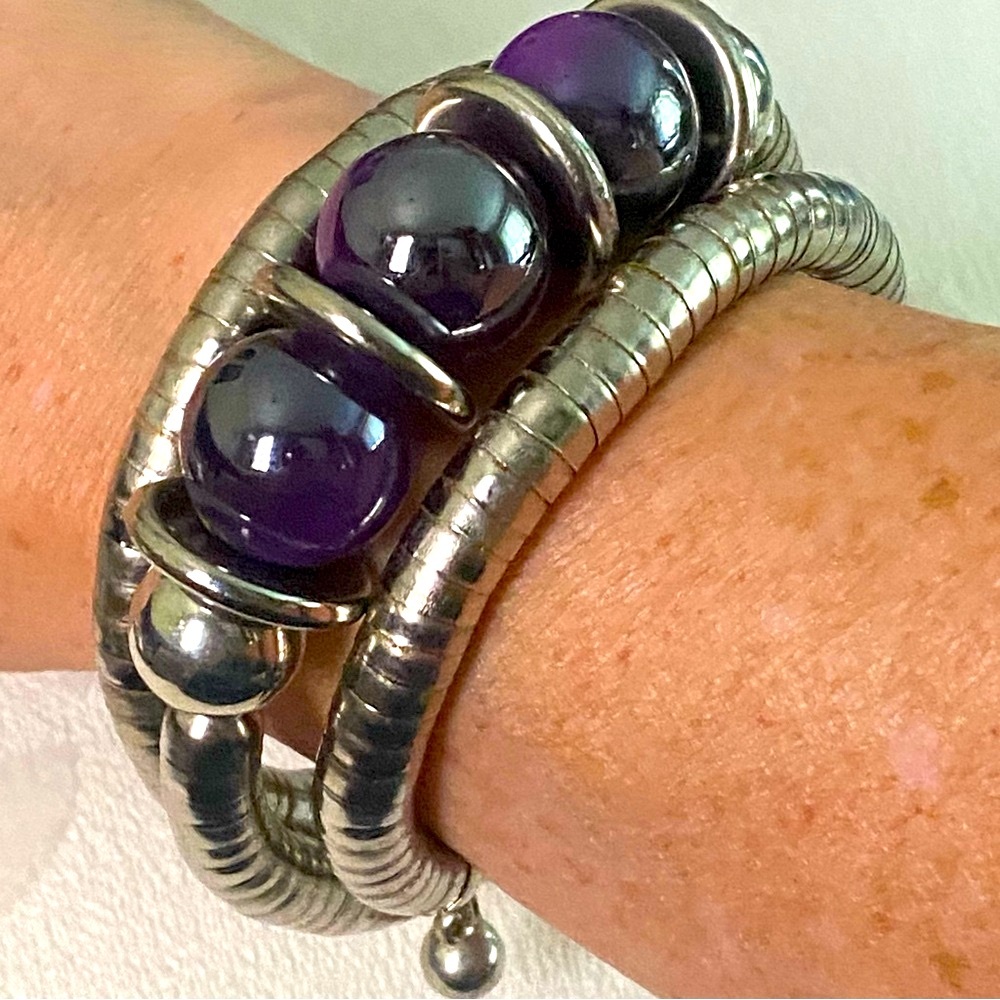 Vintage Silvertone Flexible Coil Wrap Bracelet Purple Coil Snake Bracelet